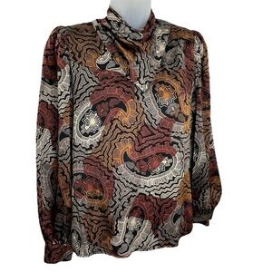 Vintage 70’s Helga Silk Top Woman Sz 8 Long Sleeve Draped Neck, Padded Shoulder